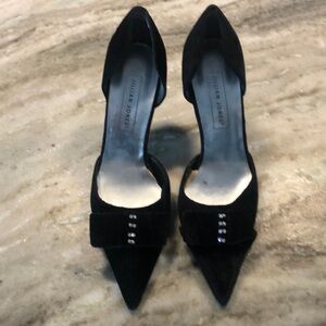 Jillian Jones, black velvet heels with rhinestone bows